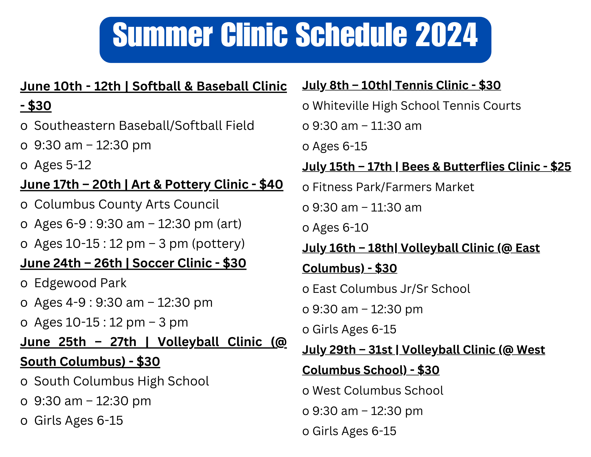 Summer Clinic Schedule 2024